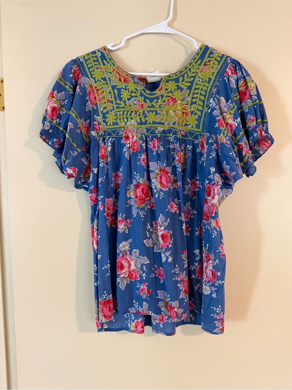 Blue Floral Embroidered Short Sleeve Peasant Blouse
